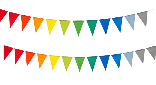 Colorful triangular flags strung on white background create a festive decoration