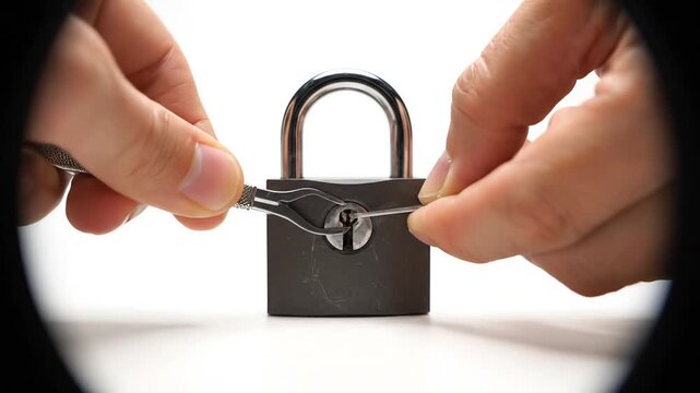 Padlock Manipulation: Close-up of Lock Picking with Tension Wrench and Pick