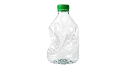 Crushed Clear Plastic Bottle with Green Cap Isolated on White Background - Recycle Concept