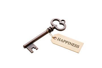 Antique ornate metal key with a small tag labeled happiness isolated on transparent background