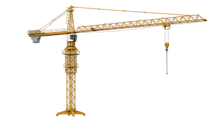 Yellow construction crane standing tall on a white background, industrial machinery for heavy lifting