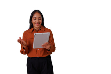 Young businesswoman presenting during a video call, holding tablet on transparent background