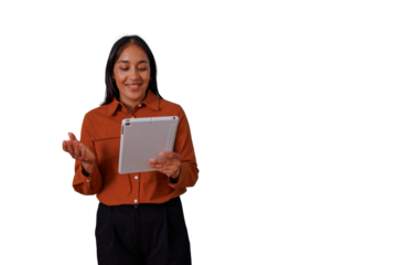 Young businesswoman presenting during a video call, holding tablet on transparent background