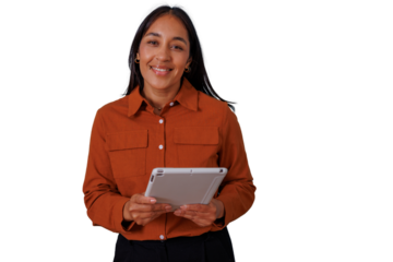 Smiling businesswoman holding a digital tablet, standing, looking at camera, using modern technology for smart business communication, transparent background