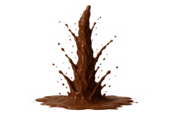 Liquid chocolate splash creating a dynamic upward swirl with drops flying, isolated on transparent background