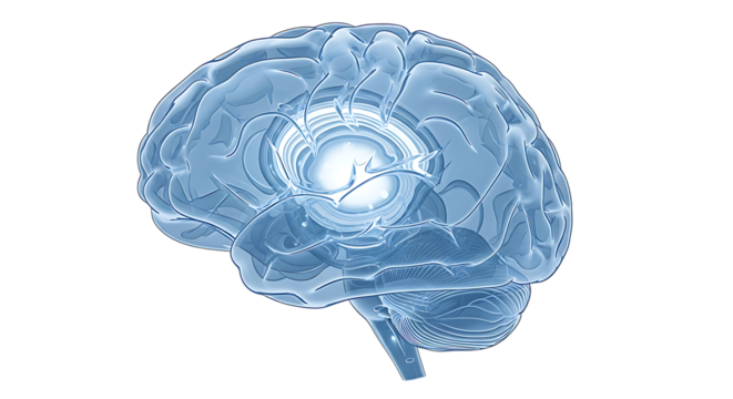 Abstract 3D Rendering of a Human Brain with Glowing Center, Representing Thoughts and Ideas