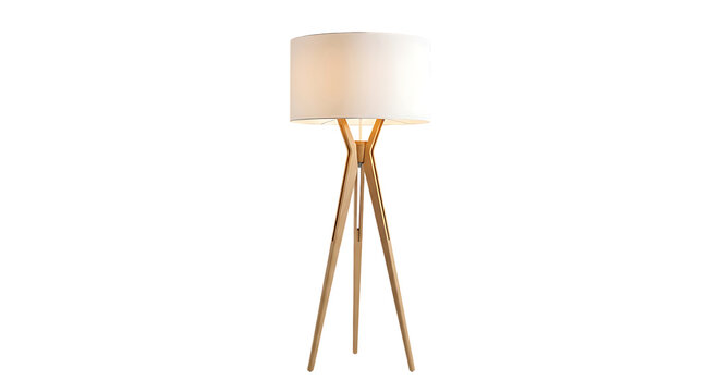 Modern wooden tripod floor lamp with a white drum lampshade isolated on a white background - Powered by Adobe