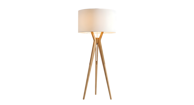 Modern wooden tripod floor lamp with a white drum lampshade isolated on a white background