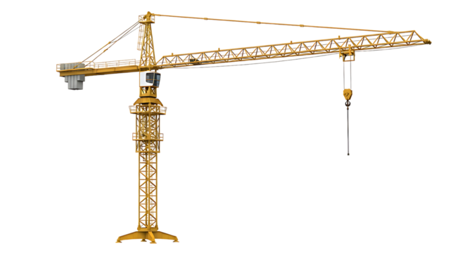 Yellow construction crane standing tall on a white background, industrial machinery for heavy lifting