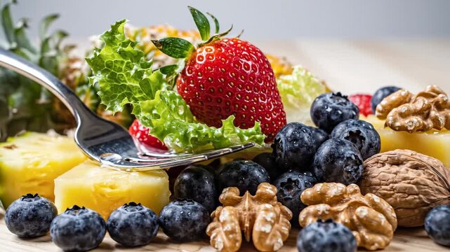 Tenedor con lechuga, fresa, pi&ntilde;a, ar&aacute;ndanos y nueces sobre fondo claro.