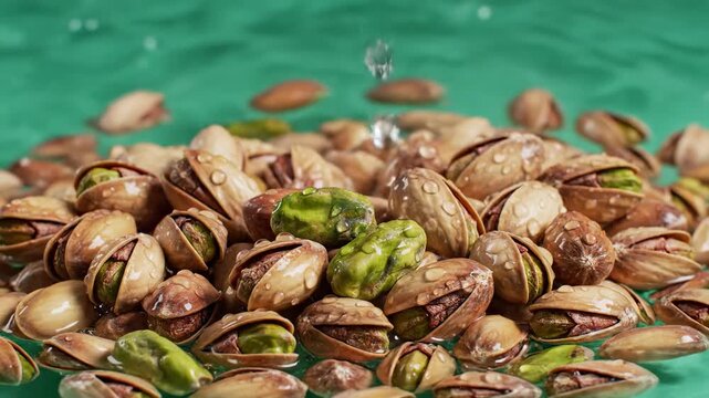 Pistachos frescos sobre fondo verde vibrante con salpicadura
