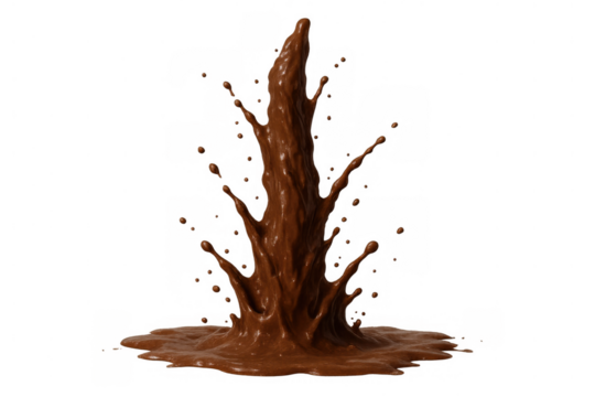Liquid chocolate splash creating a dynamic upward swirl with drops flying, isolated on transparent background
