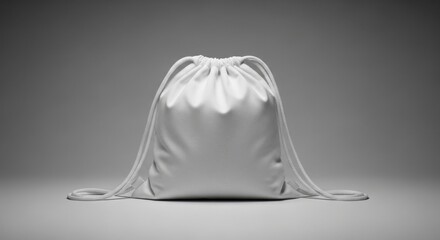White drawstring bag on a white surface, studio shot.