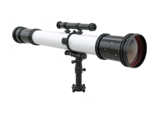 Telescope optical instrument astronomy stargazing black white tube mounted science observation isolated detailed equipment technology exploration curiosity focus lens magnification research
