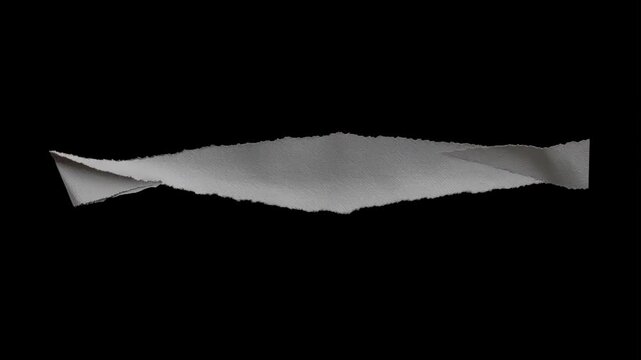 Single torn grey paper strip rotating on black background, minimalist abstract texture video footage