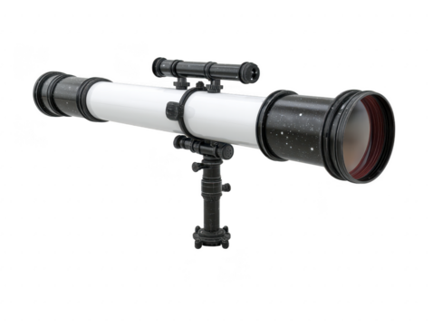 Telescope optical instrument astronomy stargazing black white tube mounted science observation isolated detailed equipment technology exploration curiosity focus lens magnification research