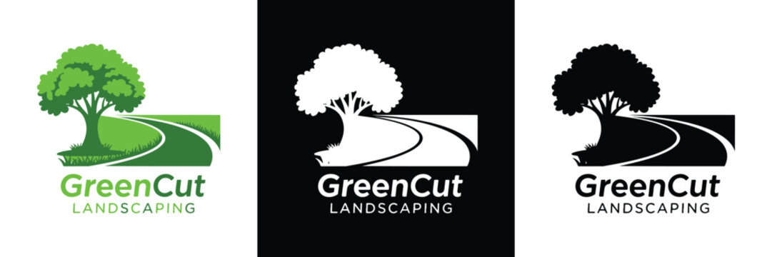 Three variations of GreenCut Landscaping logo featuring a tree and road design in green, white, and black color schemes.