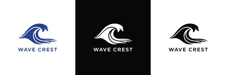 Three variations of the Wave Crest logo featuring a stylized wave design in blue, white, and black monochrome themes for branding.