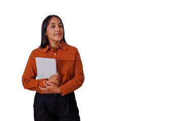Fototapeta premium Confident young business woman holding a digital tablet with copy space for technology and professional concepts