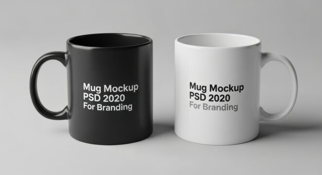 Two blank ceramic mugs, one black and one white, displayed side-by-side on a neutral surface, ready for branding.