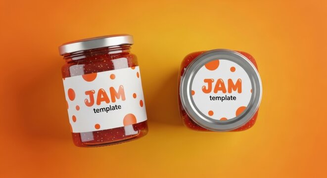 Two jars of jam with labels on an orange background, ready for branding.