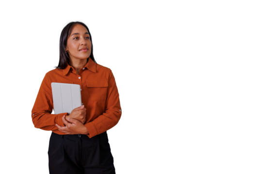 Confident young business woman holding a digital tablet with copy space for technology and professional concepts