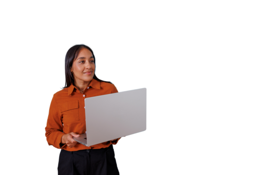 Businesswoman holding laptop smiling, looking away, working online on transparent background