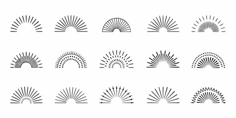 Collection of diverse hand drawn sunburst and semicircle graphic design elements in black and white