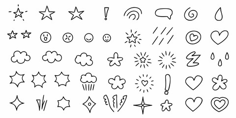 Collection of hand drawn doodle icons featuring stars clouds hearts smiles and weather elements