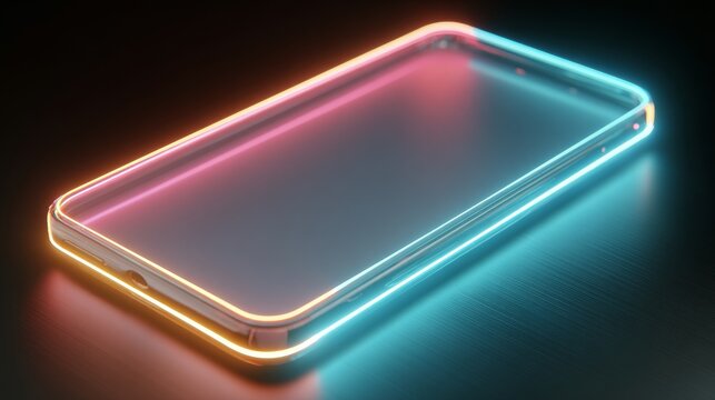 Sleek smartphone glows with vibrant neon edge lighting, promising futuristic innovation and modern digital connection