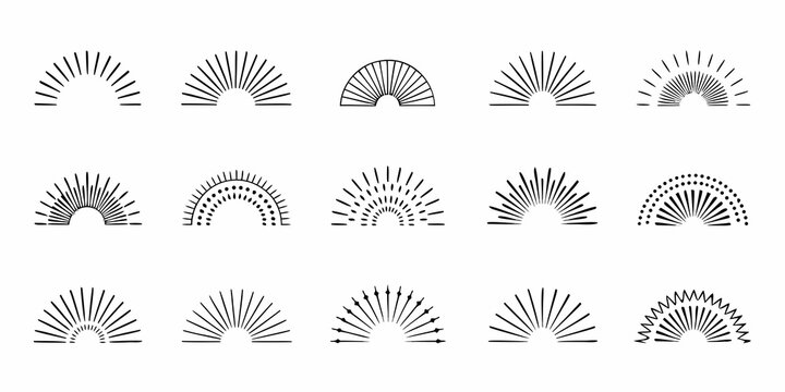 Collection of diverse hand drawn sunburst and semicircle graphic design elements in black and white