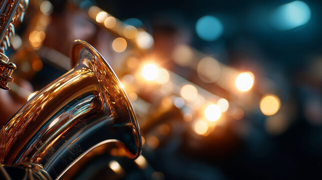 Orchestra woodwind and brass sections shining under stage lights, polished instruments, symphonic depth, with copy space