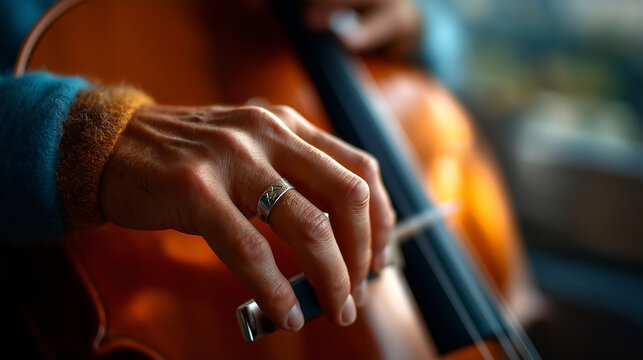 Close-up of cellist&rsquo;s fingertips with light calluses, evidence of practice and discipline, musician lifestyle, with copy space