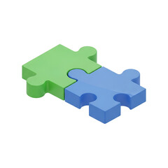 3D rendered green and blue jigsaw puzzle pieces connected together in isometric view, representing teamwork, collaboration, integration and problem solving solution on transparent background