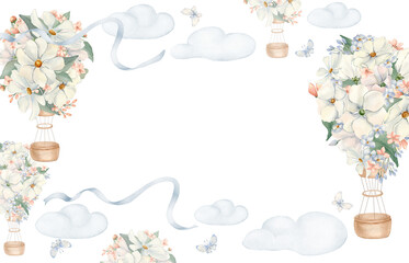 Floral kids watercolor frame for neutral color invitation isolated. Hot air balloons and white pink flowers and clouds painted frame. Children's greeting card. Sketch air ship for baby shower invite.