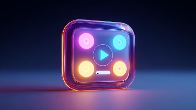 Vibrant, futuristic media player icon glows with neon energy, inviting users to immerse in digital entertainment and modern technology experiences.