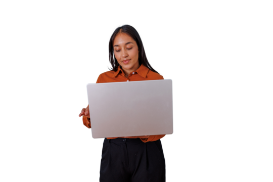 Hispanic businesswoman working on laptop, managing business remotely, communicating online, using modern technology for professional tasks