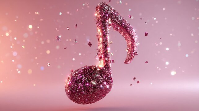 Sparkling pink musical note with shimmering confetti creating a festive and elegant celebration of sound and joy