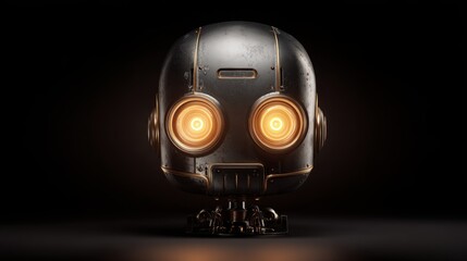 Captivating close-up of a retro steampunk robot head with glowing orange eyes, exuding a sense of advanced, vintage artificial intelligence and industrial design.