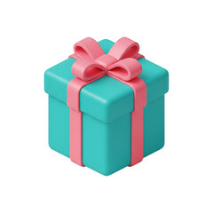 Fototapeta premium 3D rendered turquoise gift box with pink ribbon and bow on top, square present package icon representing celebration, surprise giving, birthday rewards and special occasion on transparent background
