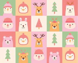 A repeating pattern of cute winter animal illustrations