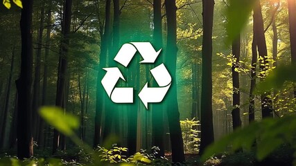 A lush green forest with tall trees and sunlight filtering through the leaves. A glowing recycling symbol is superimposed in the center, promoting sustainability.