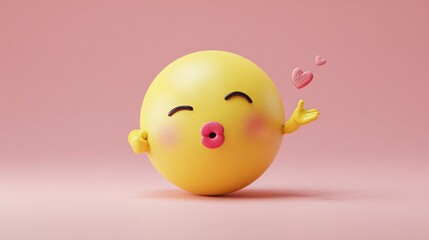 Adorable 3D emoji character blowing a kiss with pink hearts floating, perfect for expressing affection and sending love