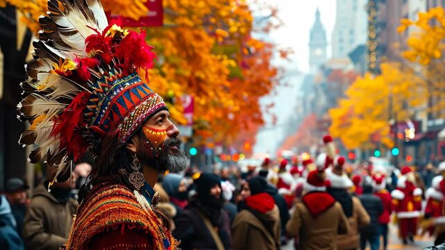 Man in colorful costume on a busy street. A man dressed in vibrant traditional attire stands out among the crowd on a lively street during autumn.