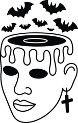 Black bats flying from open head with dripping lines and cross earring