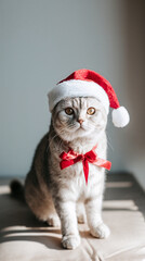 Naklejka premium Scottish Fold in Santa hat sitting in sunlight with clean background