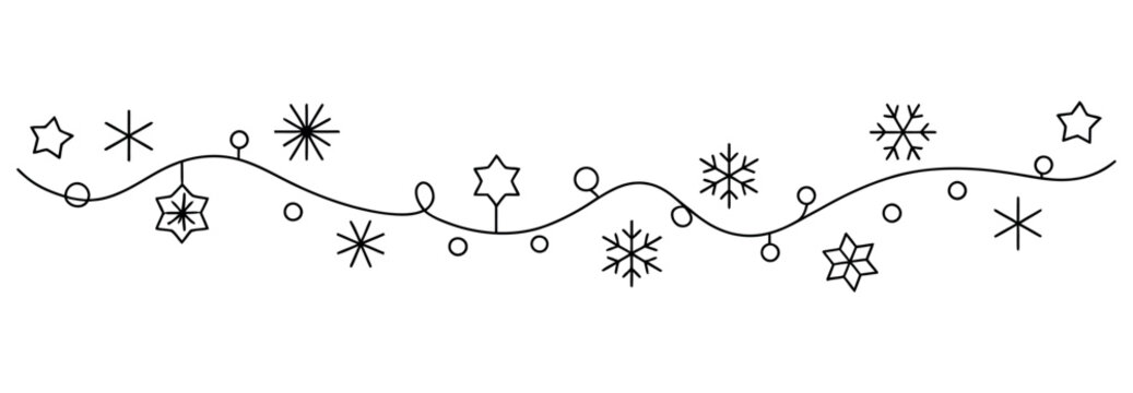 A line of snowflakes and stars are depicted as an illustration on a white background.