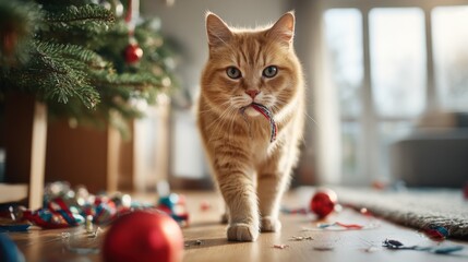 A ginger cat with a ribbon in its mouth against a Christmas tree. A cozy holiday scene with a pet and New Year's decor.