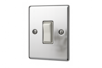 Light switch with brushed metal plate and white toggle button controlling power, electricity, and energy flow on transparent background