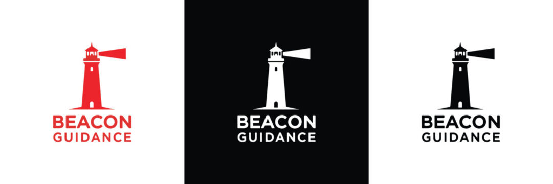 Three variations of Beacon Guidance logo featuring lighthouse icon and text in red, black, and white colors.